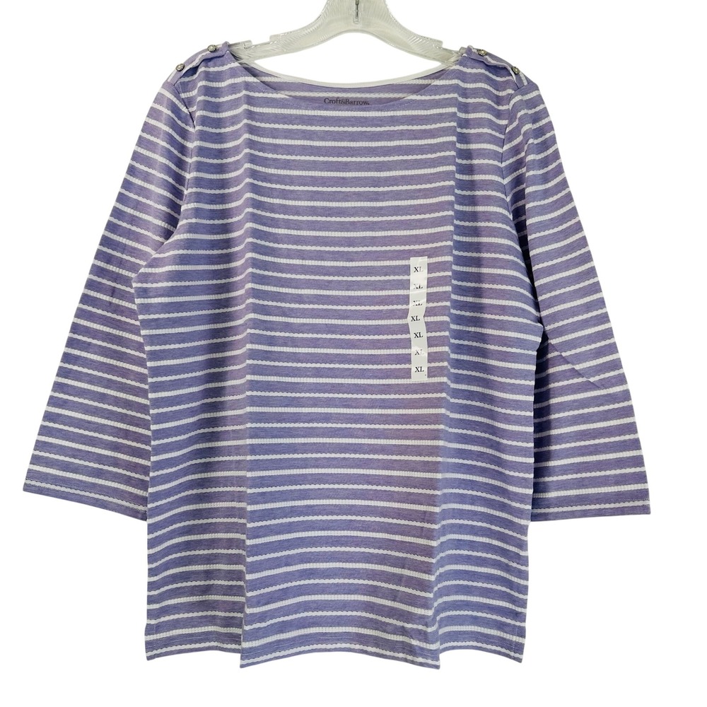 Croft & Barrow Womens XL Purple White Striped Boat Neck 3/4 Sleeve Button Top